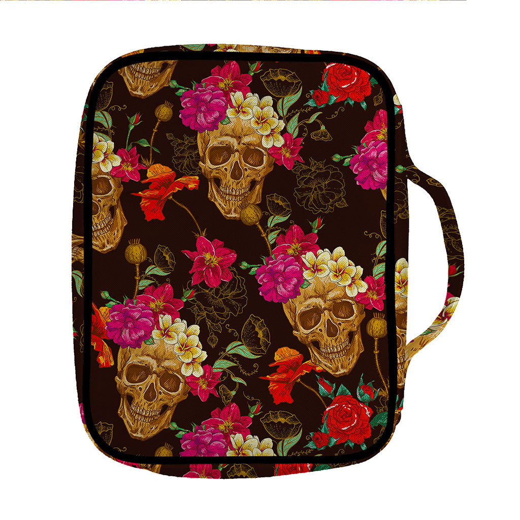 Vintage Flowers Skull Pattern Print Front Pocket Bible Bag