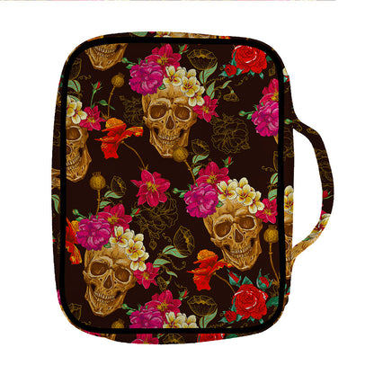 Vintage Flowers Skull Pattern Print Front Pocket Bible Bag