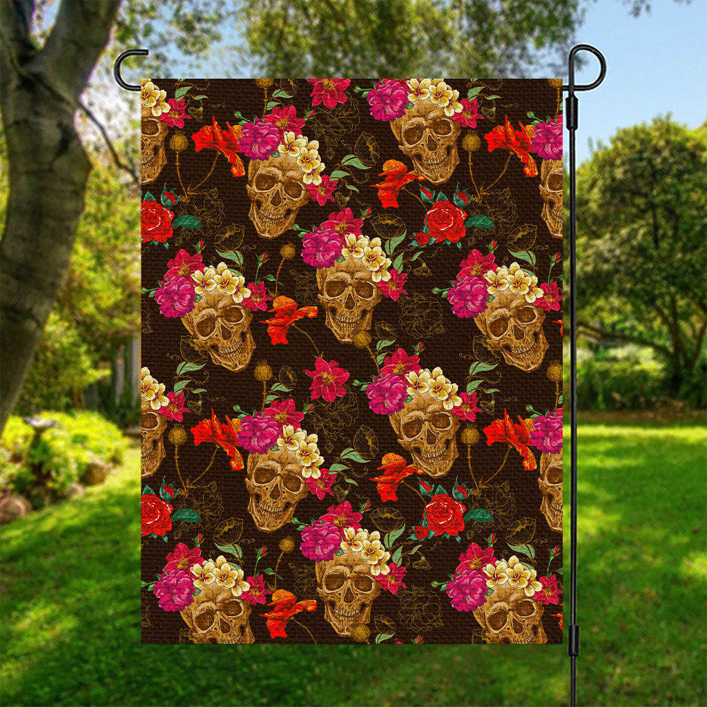 Vintage Flowers Skull Pattern Print Garden Flag