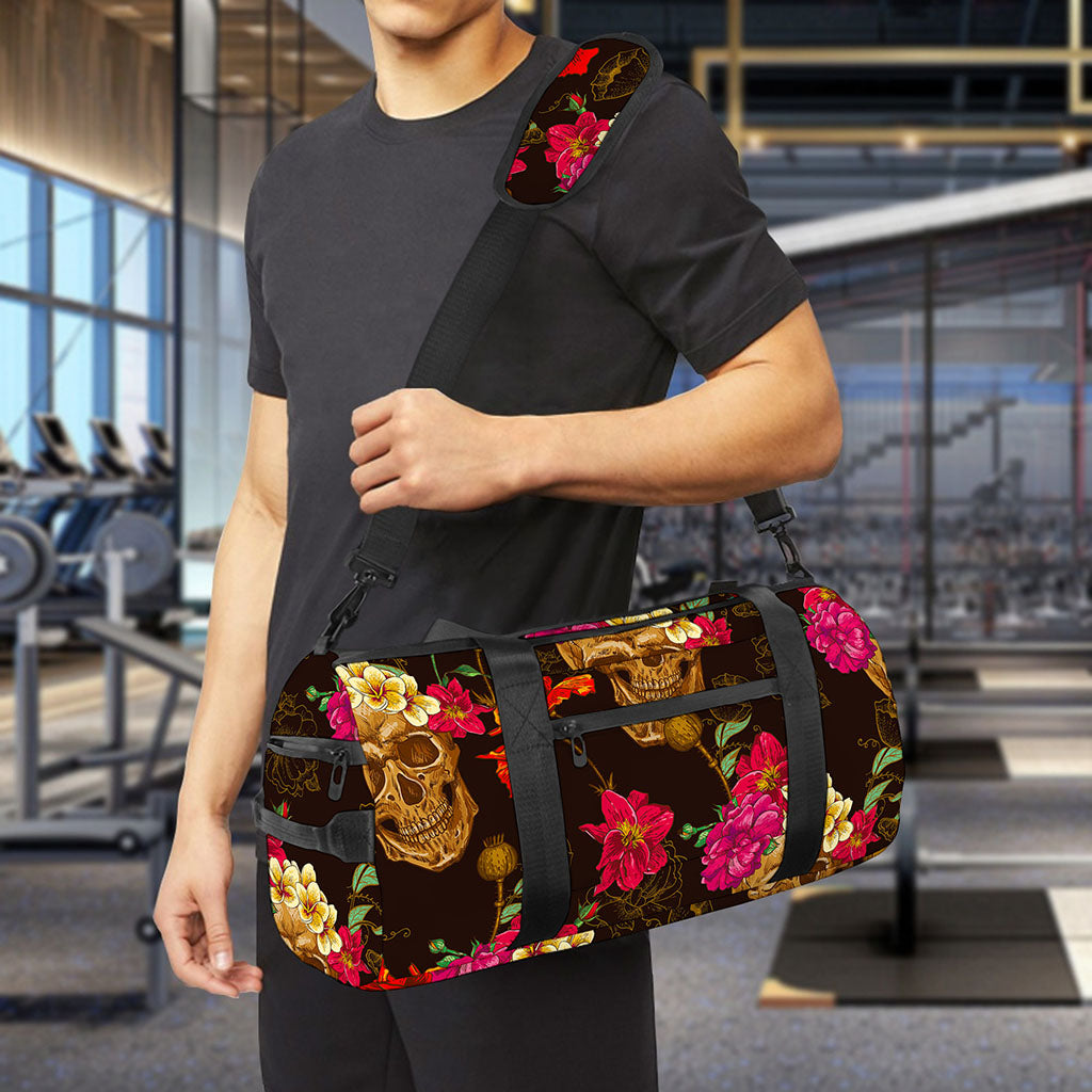 Vintage Flowers Skull Pattern Print Gym Bag