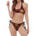 Vintage Flowers Skull Pattern Print Halter Scoop Tie Side Bikini