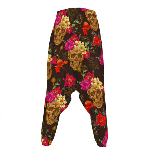 Vintage Flowers Skull Pattern Print Hammer Pants