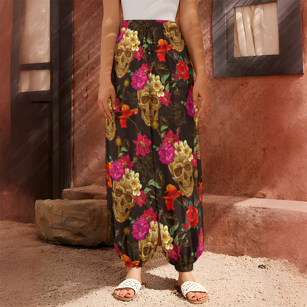 Vintage Flowers Skull Pattern Print Harem Pants