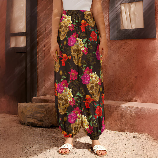 Vintage Flowers Skull Pattern Print Harem Pants