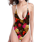 Vintage Flowers Skull Pattern Print High Cut One Piece Swimsuit
