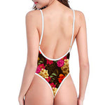 Vintage Flowers Skull Pattern Print High Cut One Piece Swimsuit