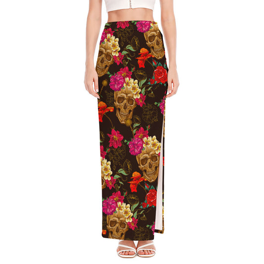 Vintage Flowers Skull Pattern Print High Slit Maxi Skirt