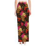 Vintage Flowers Skull Pattern Print High Slit Maxi Skirt