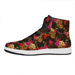 Vintage Flowers Skull Pattern Print High Top Leather Sneakers