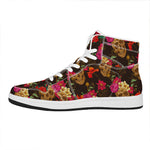 Vintage Flowers Skull Pattern Print High Top Leather Sneakers
