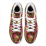 Vintage Flowers Skull Pattern Print High Top Leather Sneakers