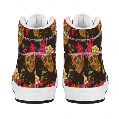 Vintage Flowers Skull Pattern Print High Top Leather Sneakers