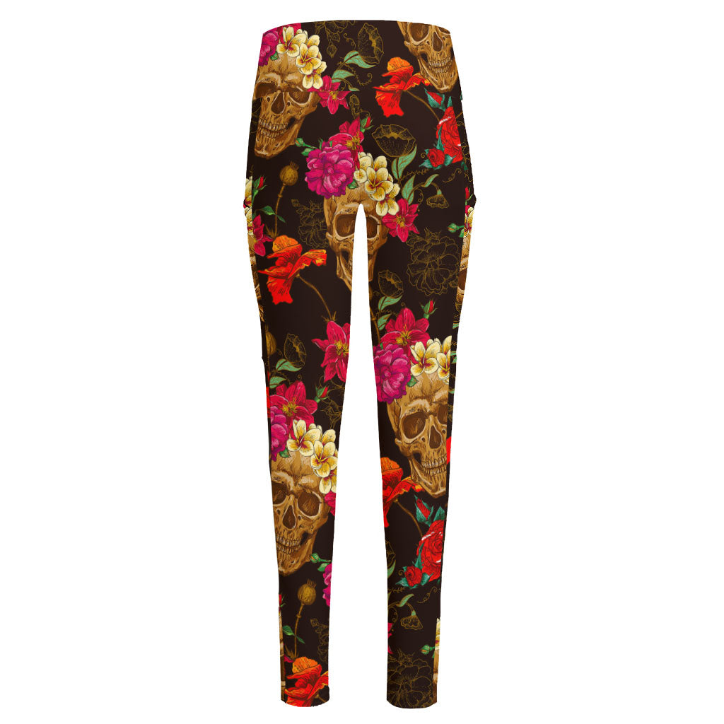 Vintage Flowers Skull Pattern Print High-Waisted Pocket Leggings
