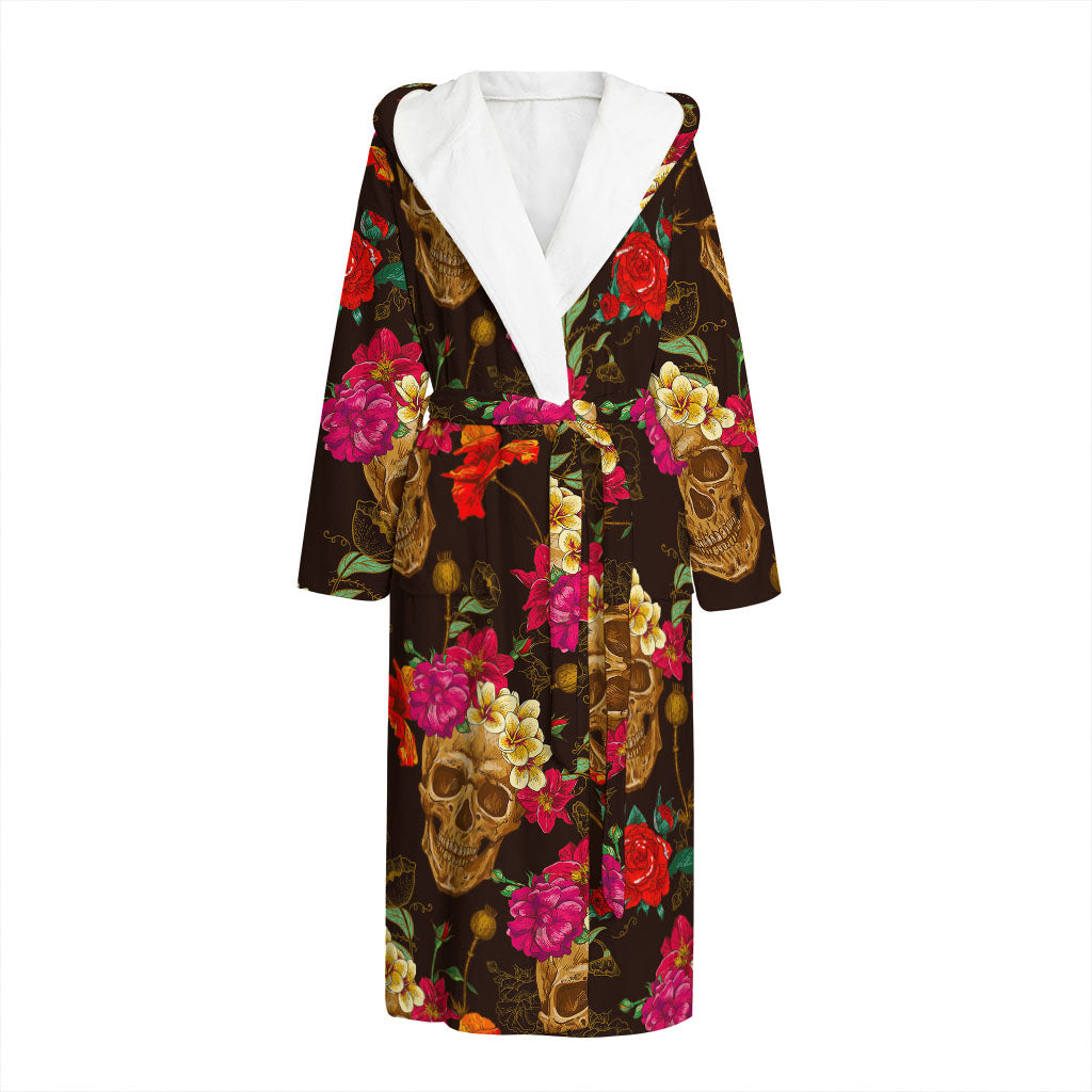 Vintage Flowers Skull Pattern Print Hooded Bathrobe