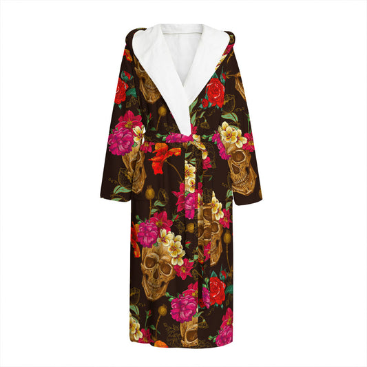 Vintage Flowers Skull Pattern Print Hooded Bathrobe