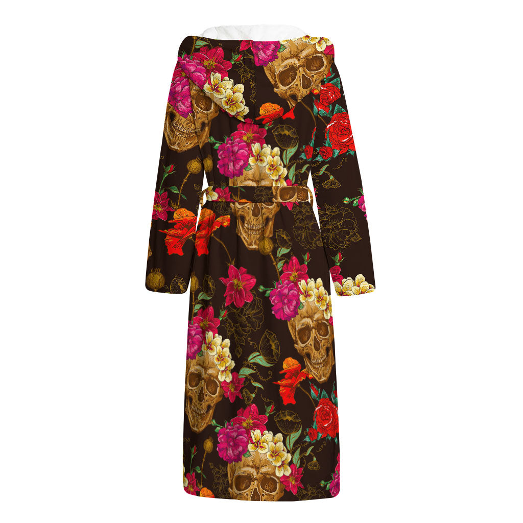 Vintage Flowers Skull Pattern Print Hooded Bathrobe