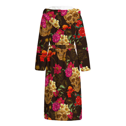 Vintage Flowers Skull Pattern Print Hooded Bathrobe