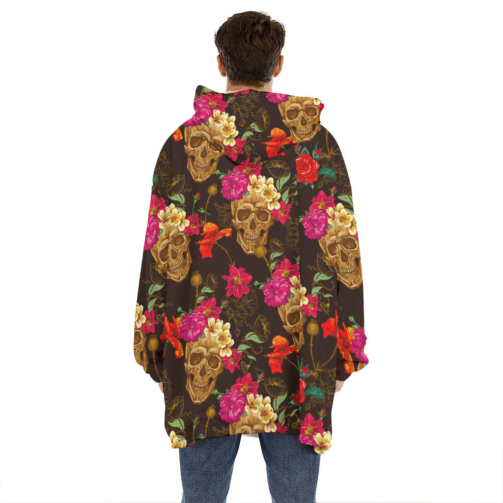 Vintage Flowers Skull Pattern Print Hoodie Blanket