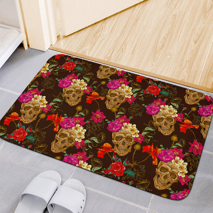 Vintage Flowers Skull Pattern Print Indoor Door Mat