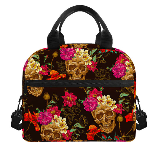 Vintage Flowers Skull Pattern Print Insulated Lunch Bag