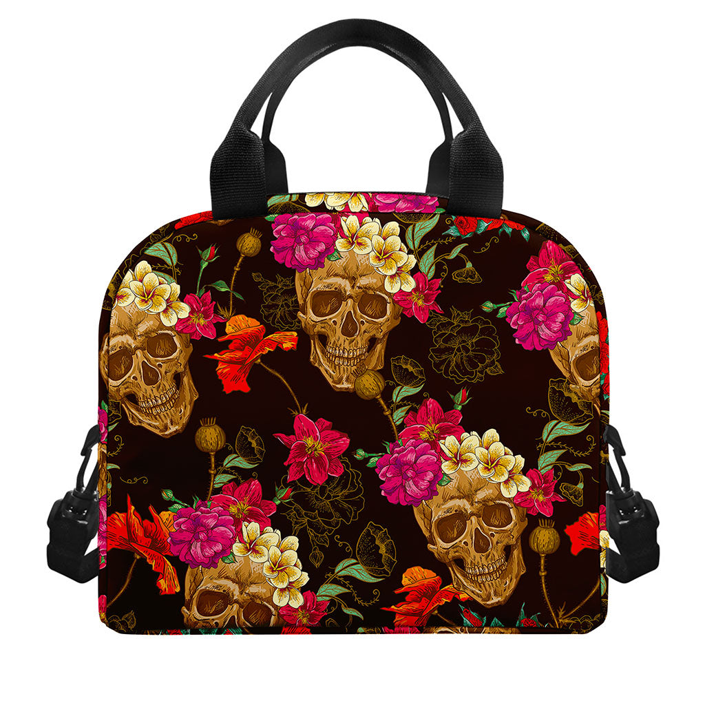 Vintage Flowers Skull Pattern Print Insulated Lunch Bag