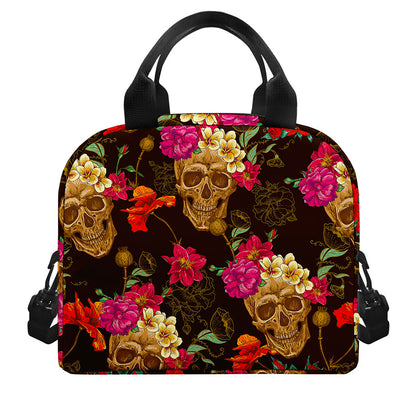 Vintage Flowers Skull Pattern Print Insulated Lunch Bag