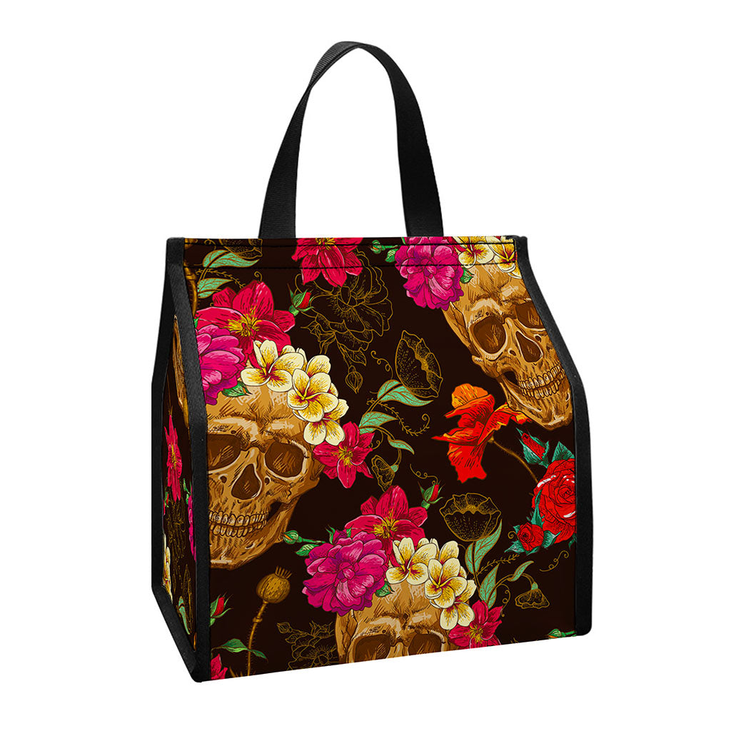 Vintage Flowers Skull Pattern Print Insulated Lunch Tote