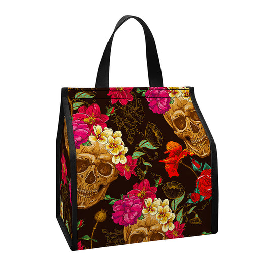 Vintage Flowers Skull Pattern Print Insulated Lunch Tote