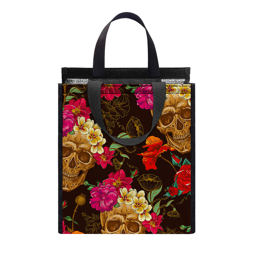 Vintage Flowers Skull Pattern Print Insulated Lunch Tote