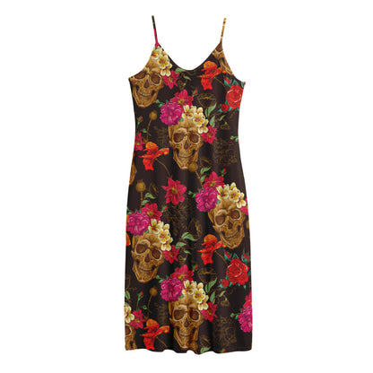Vintage Flowers Skull Pattern Print Jersey Midi Cami Dress