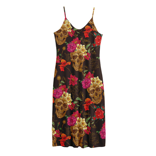 Vintage Flowers Skull Pattern Print Jersey Midi Cami Dress