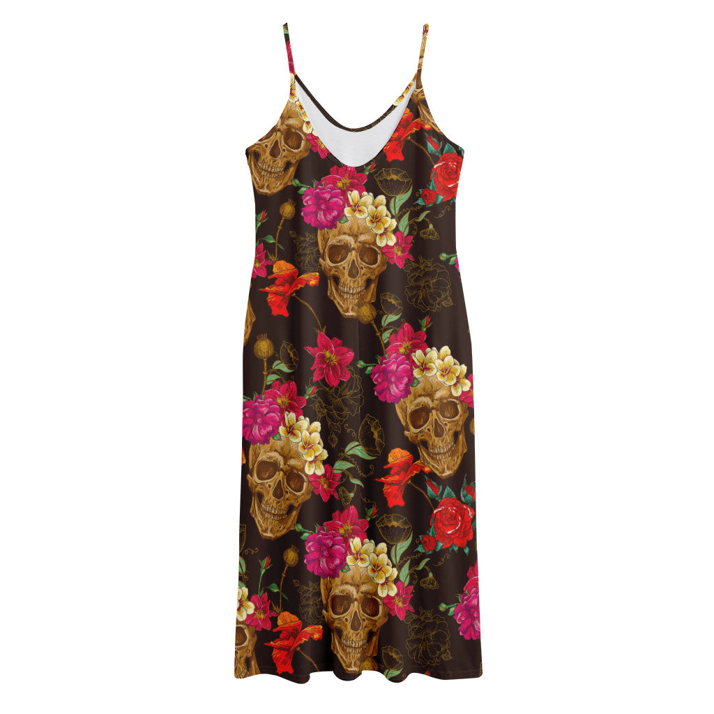 Vintage Flowers Skull Pattern Print Jersey Midi Cami Dress