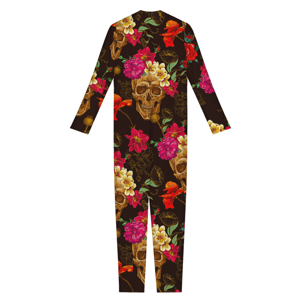 Vintage Flowers Skull Pattern Print Jumpsuit