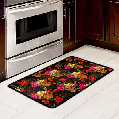 Vintage Flowers Skull Pattern Print Kitchen Mat