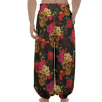 Vintage Flowers Skull Pattern Print Lantern Pants