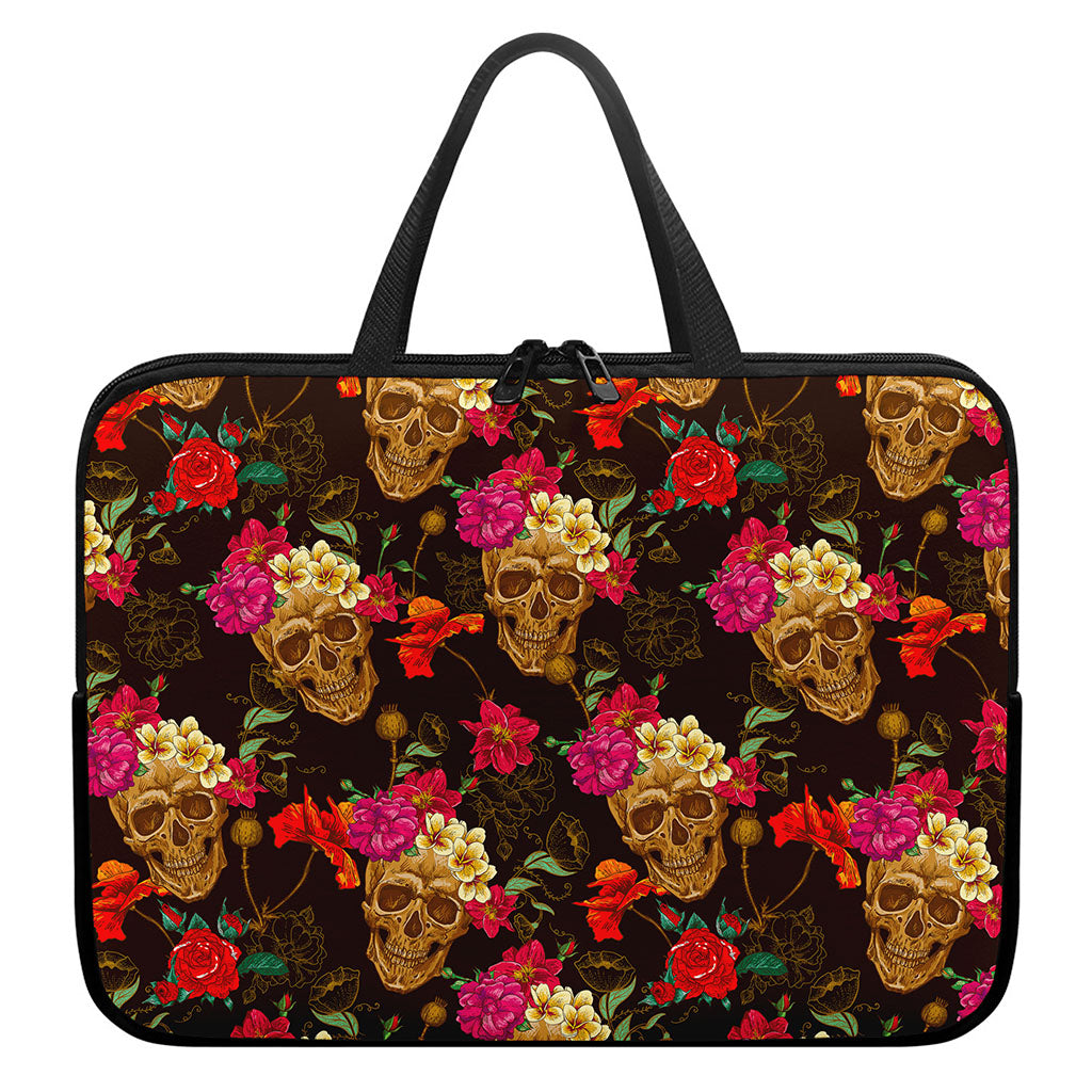 Vintage Flowers Skull Pattern Print Laptop Sleeve With Handle