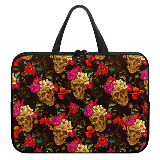 Vintage Flowers Skull Pattern Print Laptop Sleeve With Handle