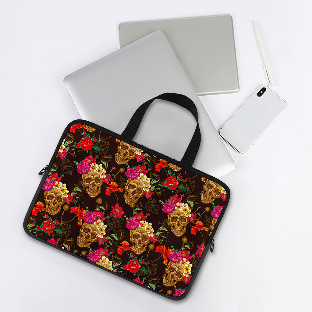 Vintage Flowers Skull Pattern Print Laptop Sleeve With Handle
