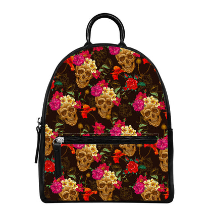 Vintage Flowers Skull Pattern Print Leather Backpack