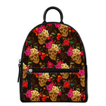 Vintage Flowers Skull Pattern Print Leather Backpack