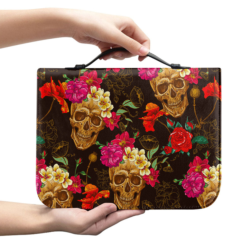 Vintage Flowers Skull Pattern Print Leather Bible Cover
