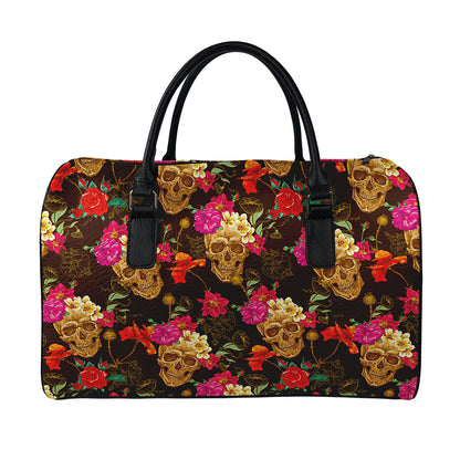 Vintage Flowers Skull Pattern Print Leather Duffle Bag