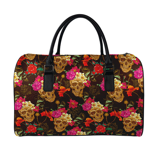Vintage Flowers Skull Pattern Print Leather Duffle Bag