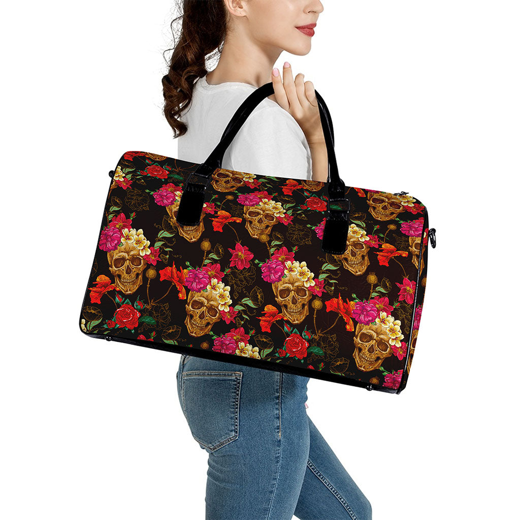 Vintage Flowers Skull Pattern Print Leather Duffle Bag
