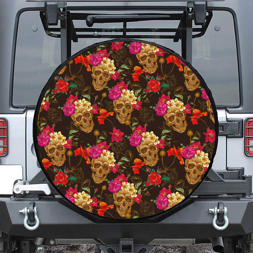 Vintage Flowers Skull Pattern Print Leather Spare Tire Cover