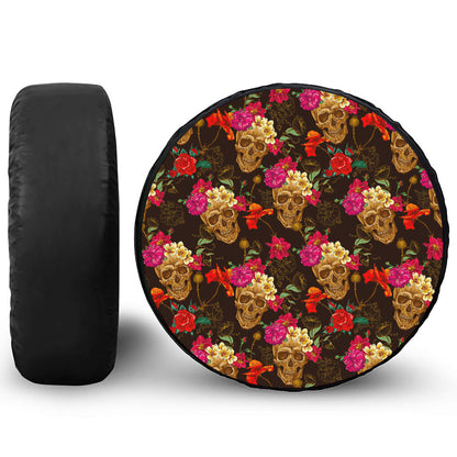 Vintage Flowers Skull Pattern Print Leather Spare Tire Cover
