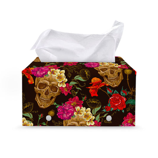 Vintage Flowers Skull Pattern Print Leather Tissue Box Cover