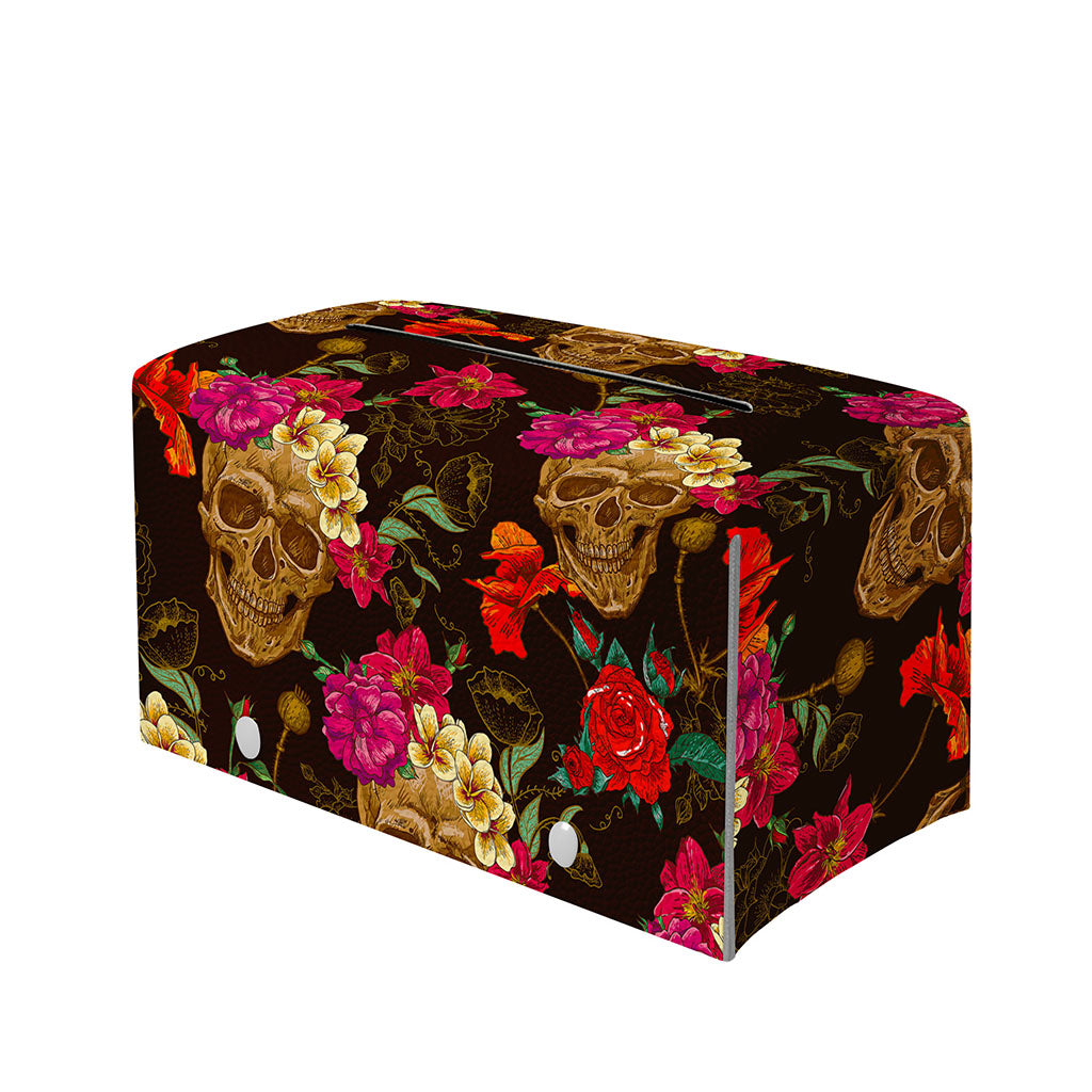 Vintage Flowers Skull Pattern Print Leather Tissue Box Cover