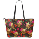 Vintage Flowers Skull Pattern Print Leather Tote Bag