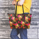 Vintage Flowers Skull Pattern Print Leather Tote Bag